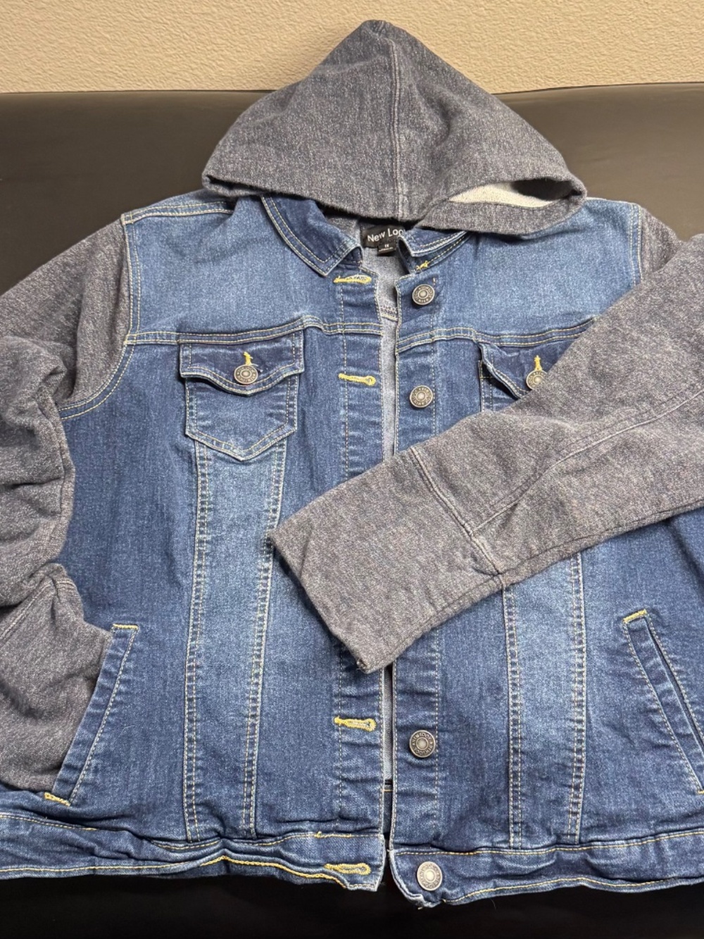 New Look Women's Denim Jacket Hooded Hybrid Dark Wash Blue Gray Knit Sleeves